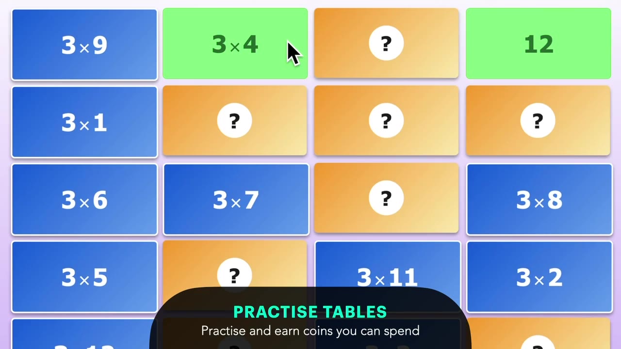 A grid of blue and orange multiplication cards, captioned Practise Tables.