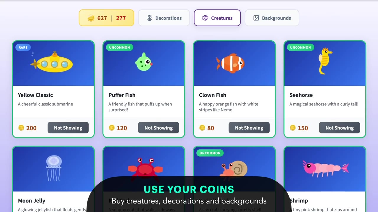 The in-game shop with creatures to buy using coins, captioned Use Your Coins.