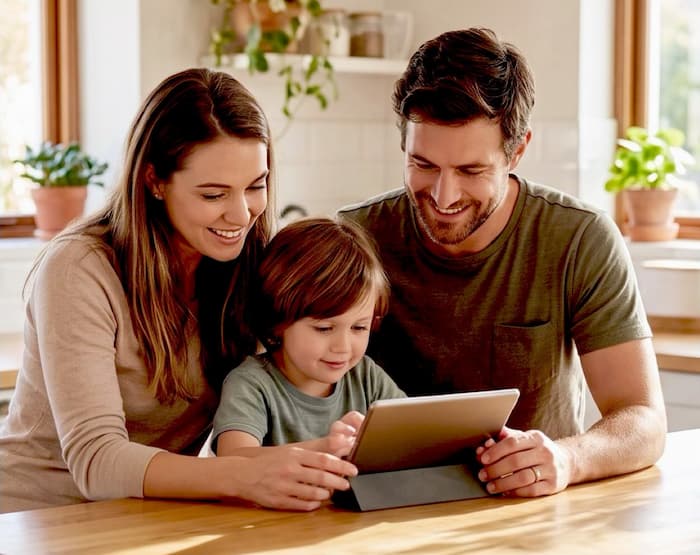 A parent and child playing Multiply.Cards together